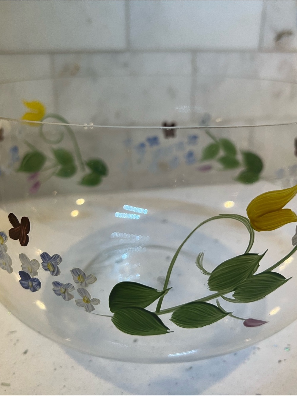 Hand-Painted Floral Glass Bowl - Clear with Yellow & Green Accents